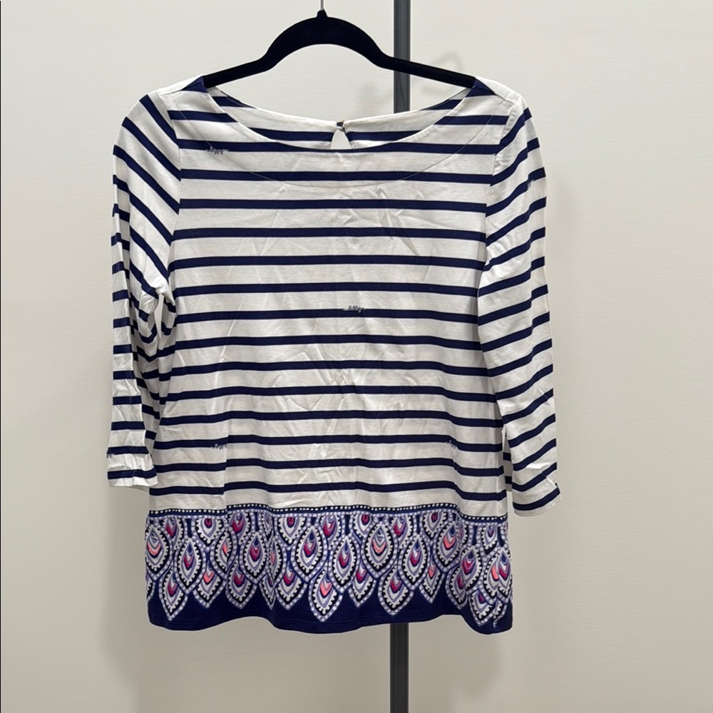 Lilly Pulitzer Blue and White 3/4 Sleeve Boxy Blouse